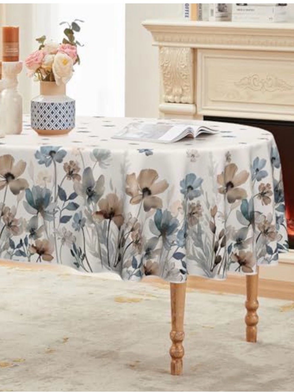 Floral Watercolor Round Tablecloth in Blue & Brown - Haroldaily
